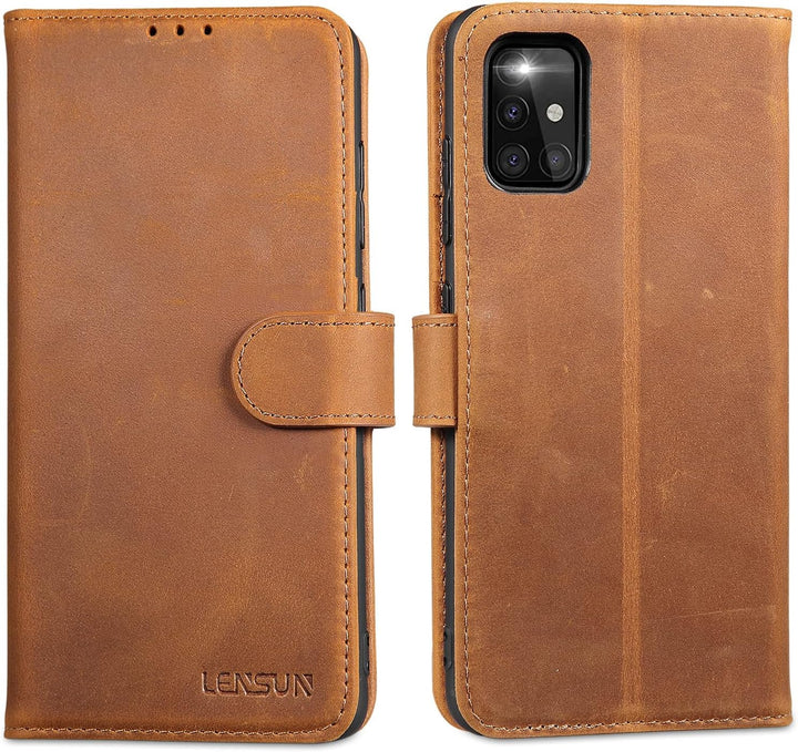 LENSUN Echtleder Hülle für Samsung Galaxy A51 4G, Handyhülle [Echtes Leder] [Magnetverschluss] [RFID