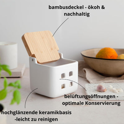 KOOK TIME Knoblauch Dose - Matt Weiss Keramik Knoblauchtopf mit Bambusholz Deckel, Perfekte Knoblauc