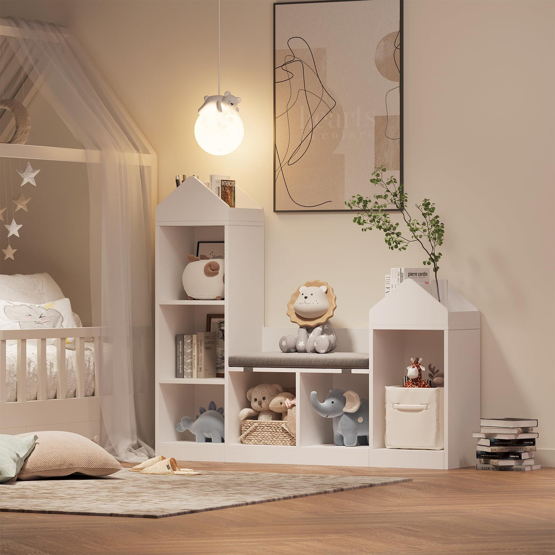 Kinderregal, Bücherregal Kinder aus Holz mit Kissen und 6 Ablagefächern, Spielzeugregal Aufbewahrung