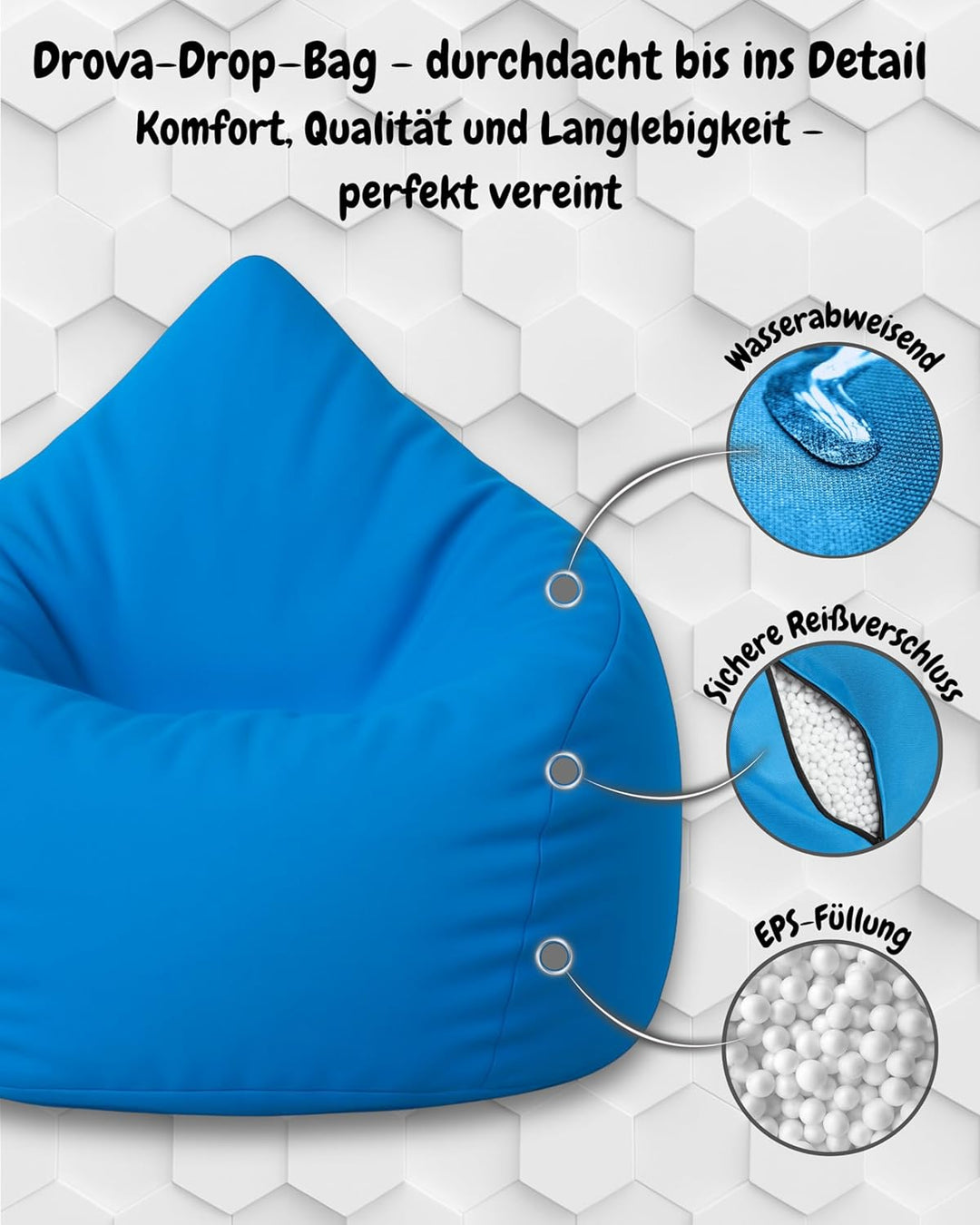 PATCH HOME Patchhome Sitzsack Tropfenform mit Reissverschluss Nachfüllbar - für In &amp; Outdoor - mit S