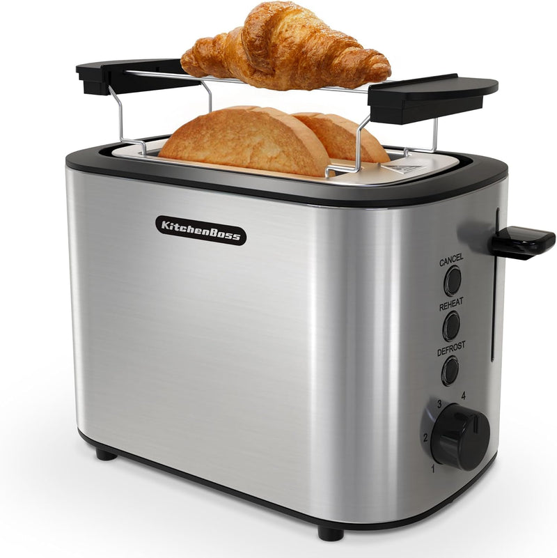 KitchenBoss Toaster 2 Scheiben：Toaster mit Brötchenaufsatz und Krümelschublade, 6 Bräunungsstufen, T