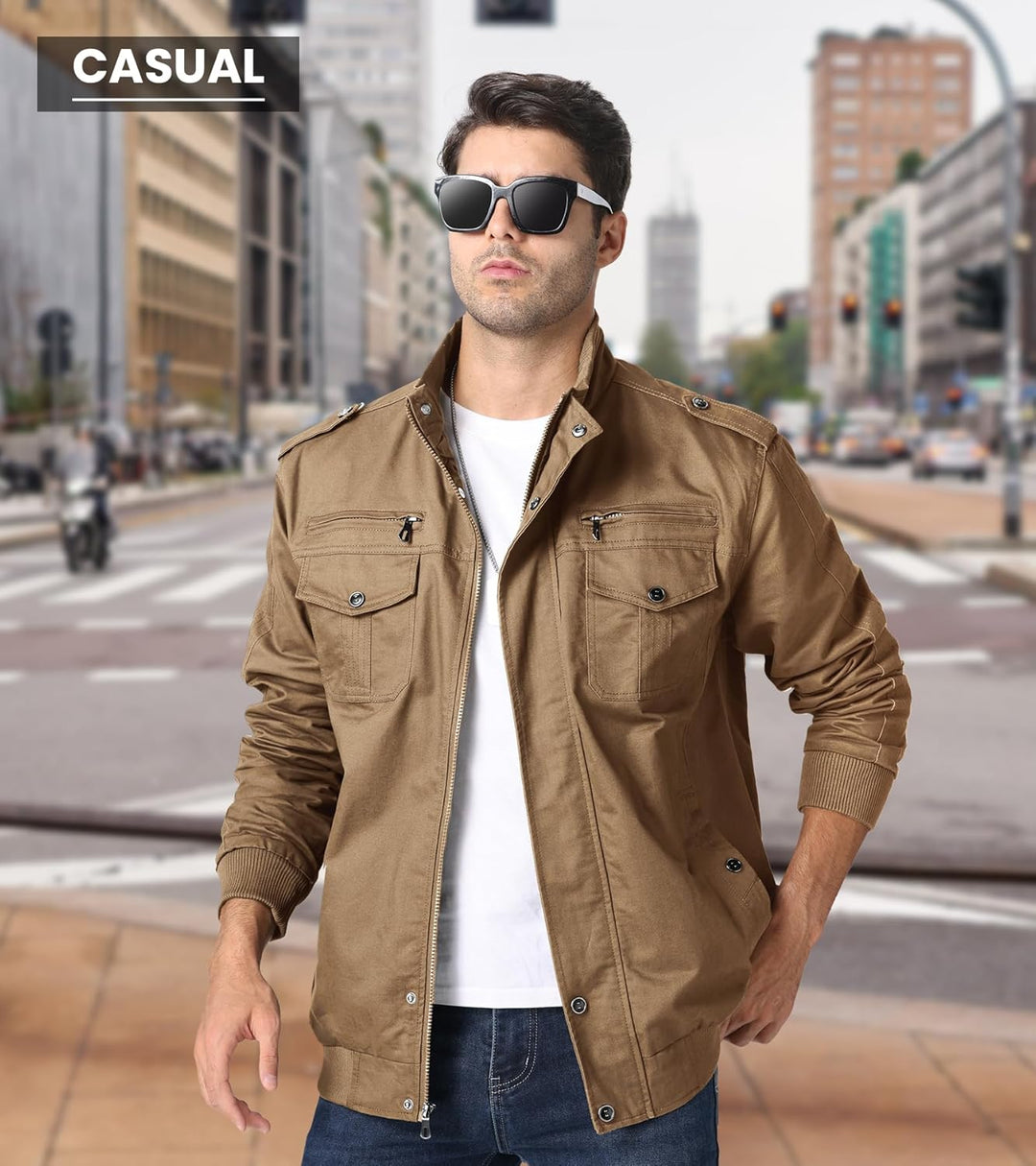 EKLENTSON Herren Arbeitsjacke Workwear Übergangsjacke Cargo Jacke mit Vielen Taschen S Khaki #91, S