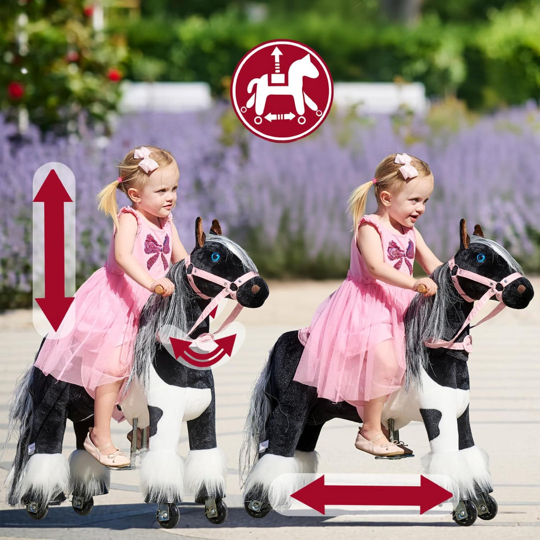PONNIE Reitpferd mit Rollen Domino S (3-6 Jahre), Spielpferd zum Reiten mit Abnehmbarer Rosa Sattel