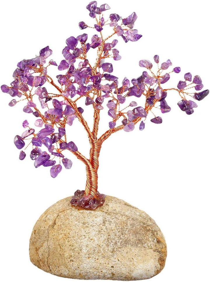KYEYGWO Geld-Baum eingewickelt auf Steinbasis-Bonsaiskulptur-Figur für gutes Glück Amethyst 15CM-21C