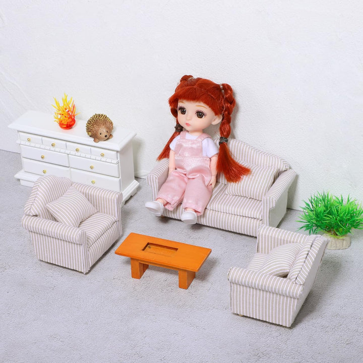 Toddmomy 1:12 Miniatur Sofa Set für Puppenhaus Möbel, Elegante Couch mit Kissen, Holz Mini Möbel Pup