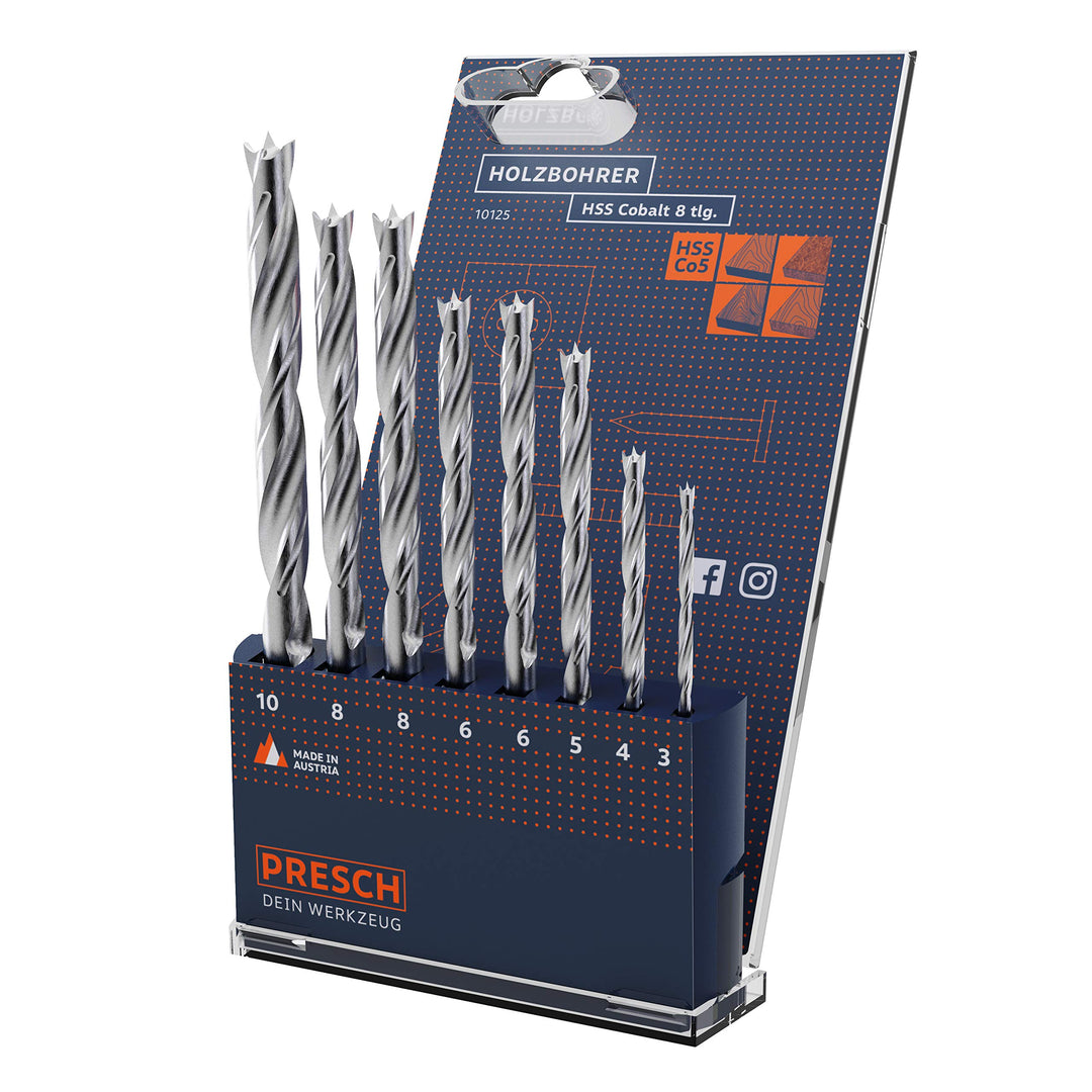 Presch Holzbohrer Set HSS Cobalt 8-tlg - Hochwertige 5% cobaltlegierte HSS Bohrer für Holz zum Bohre
