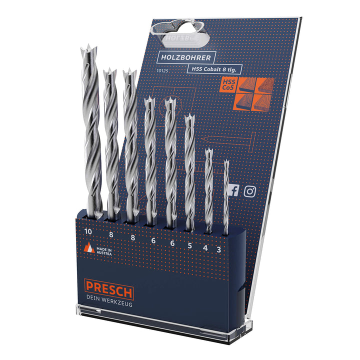 Presch Holzbohrer Set HSS Cobalt 8-tlg - Hochwertige 5% cobaltlegierte HSS Bohrer für Holz zum Bohre