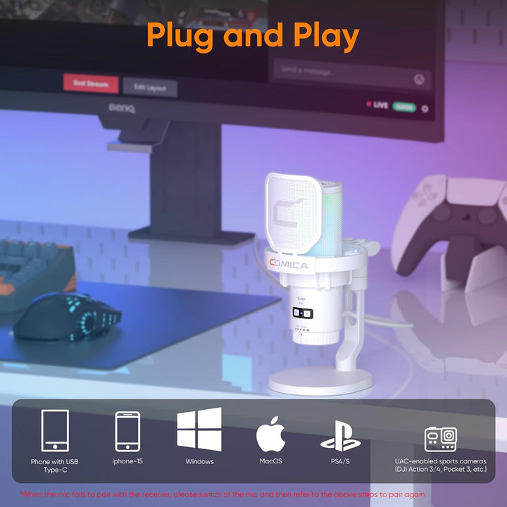 COMICA EJoy Uni USB Gaming Mikrofon für PC mit Rauschunterdrückung, Monitor, Gain, Stummschaltung, R