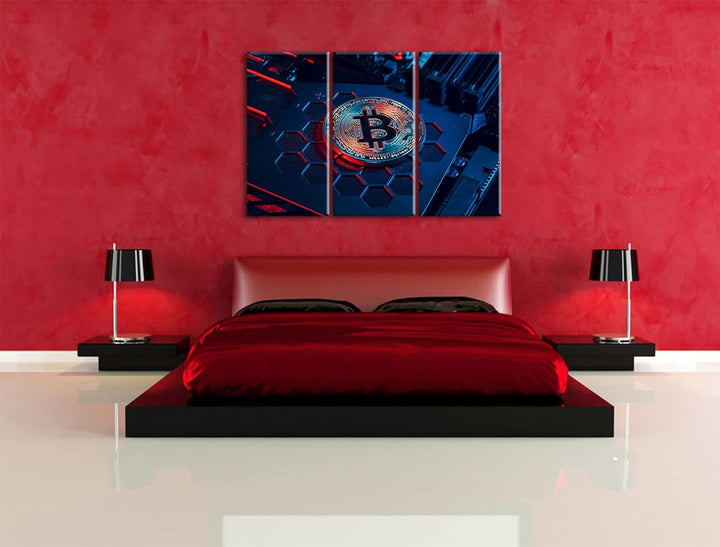 Bitcoin BTC auf Computerchipals Leinwandbild 3 teilig | Grösse: 120x80 cm | Wandbild | Kunstdruck |