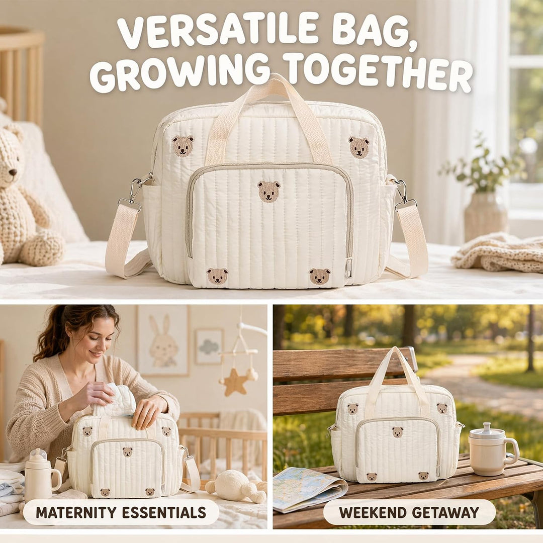 Wickeltasche Baby Grosse Muttertasche aus Baumwolle mit Stickerei, Gesteppte Wickeltasche Damen mit