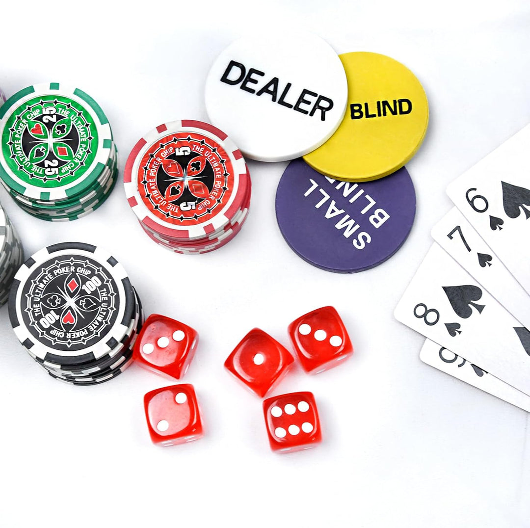 AufuN Pokerkoffer 500 Chips Laser Pokerchips 12 Gramm Metallkern, inkl. 2X Pokerdecks, 5X Würfel, De