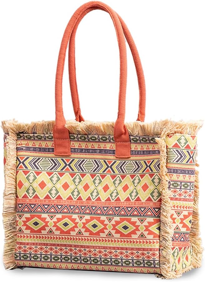 CORIOS Women Canvas Handbag Ethnic Style Tote Bag Retro Shoulder Bag with Tassels Summer Beach Bag L