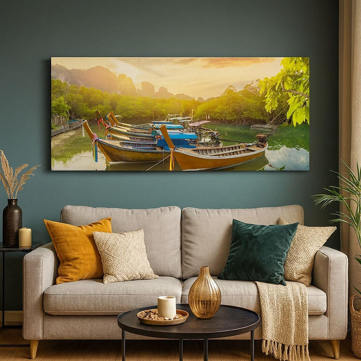 Wandbilder Dekoration Wohnzimmer Berge Boot Wasser Panorama Bilder auf Leinwand 120x50cm Leinwandbil