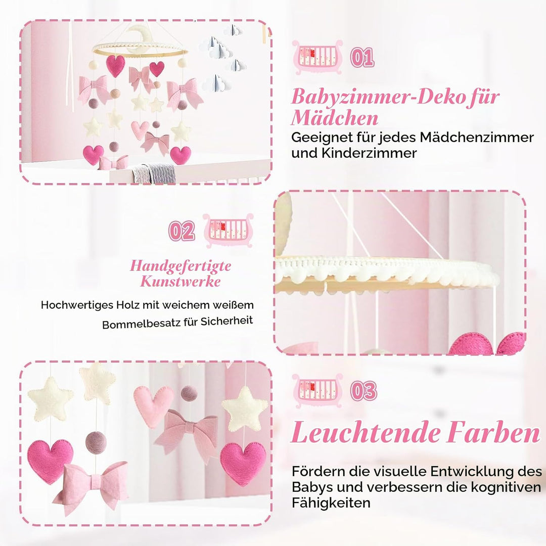 Mobile mit Rosa Schleife Beige Sterne und Monden Handgefertigte Hölz Hängende Mobile Windspiel für B