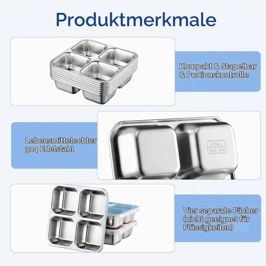 Misichao Edelstahl Snackbox mit 4 Fächern, 400ML Snackdose Kinder, Brotdose Erwachsene, Lunchbox Spü