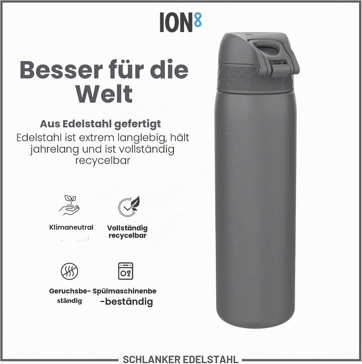 Ion8 Stahl-Trinkflasche, 600 ml, Auslaufsicher, Einhandöffnung, Sichere Verriegelung, Spülmaschinenf