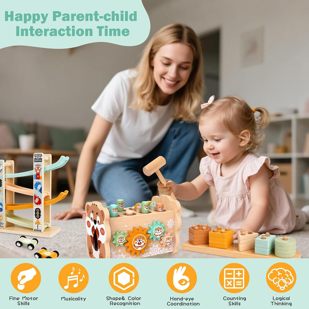 Holz Montessori Spielzeug für Kleinkinder 1-3 Jahre, Baby Hammerbank mit Xylophon &amp; Angelspiel, Auto