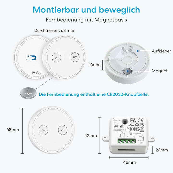 LoraTap Funk Lichtschalter Set mit 3 Fernbedienungen und 1 Empfänger, 230V Funk Schalter für Licht &