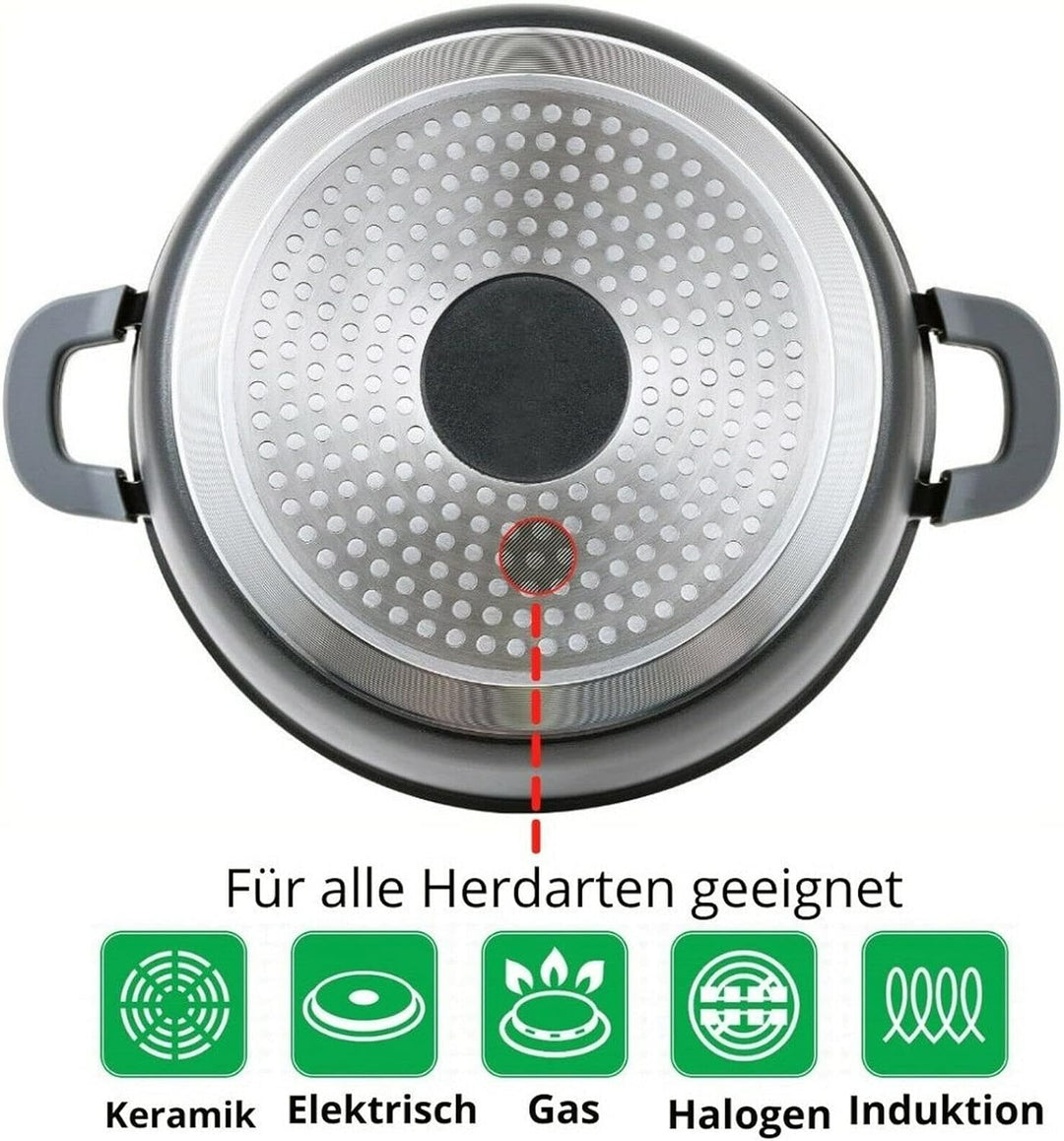Schmorpfanne 24 cm Schmortopf Scwarz | Bräter Induktion Antihaft | Schmorkasserolle mit Glasdeckel |