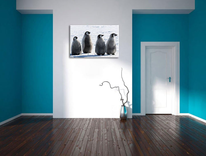 vier Kaiserpinguinküken Leinwand, XXL riesige Bilder fertig gerahmt mit Keilrahmen, Kunstdruck auf W