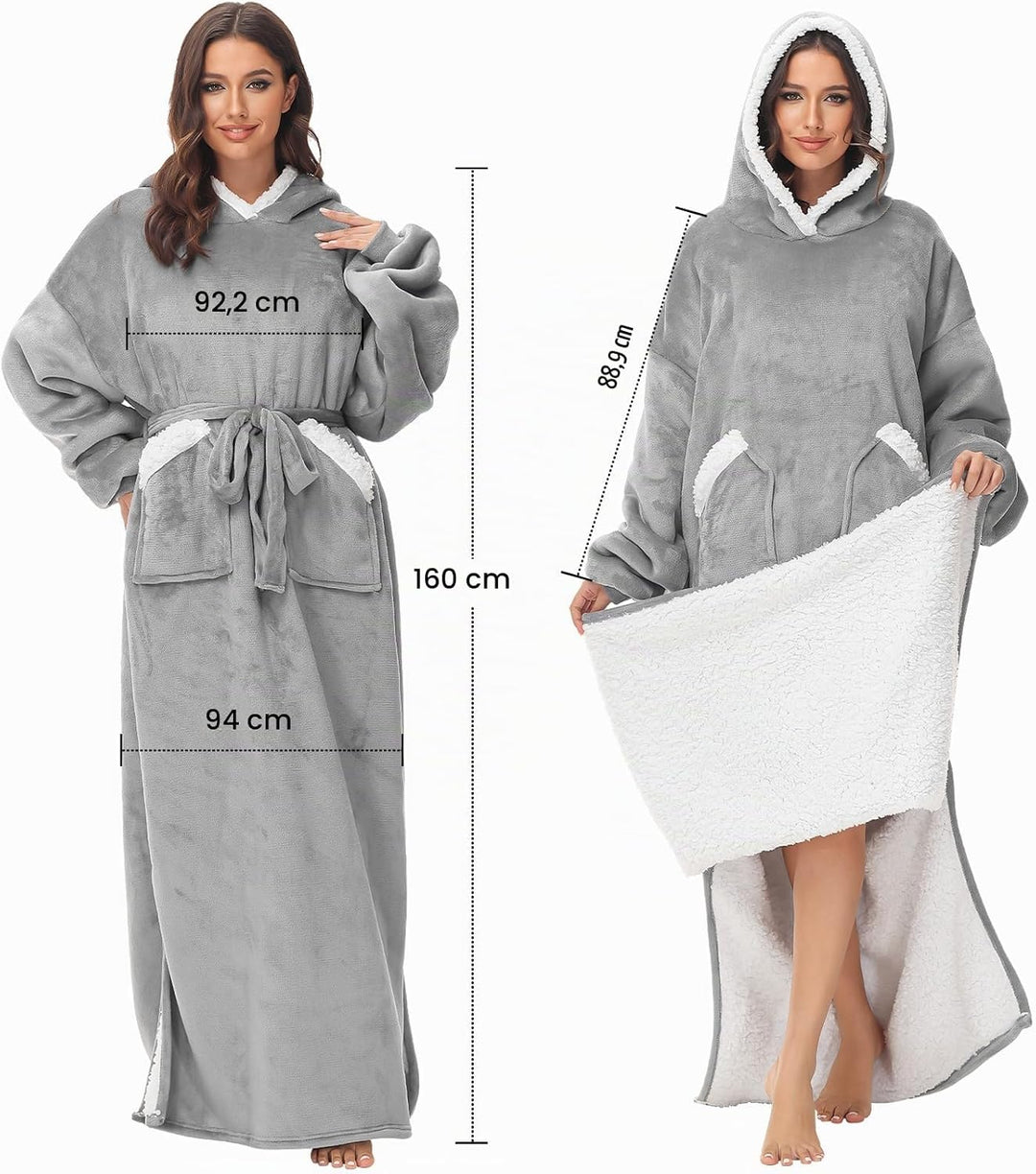 FEELJAM Kuscheldecke hoodie decke mit ärmeln und kapuze Grau decke mit ärmel erwachsene wearable bla