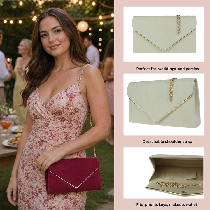 Girly Handbags Faux Suede Clutch Bag Envelope Metallic Frame Women Handbag Ivory Elfenbein, Elfenbei