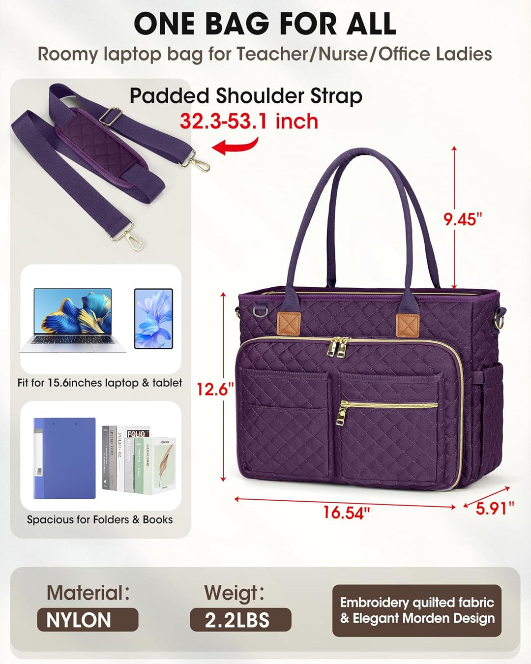 RAINSMORE Lehrertasche 15.6 Zoll Laptoptasche Damen Aktentasche mit Isolierter Tasche Arbeitstasche