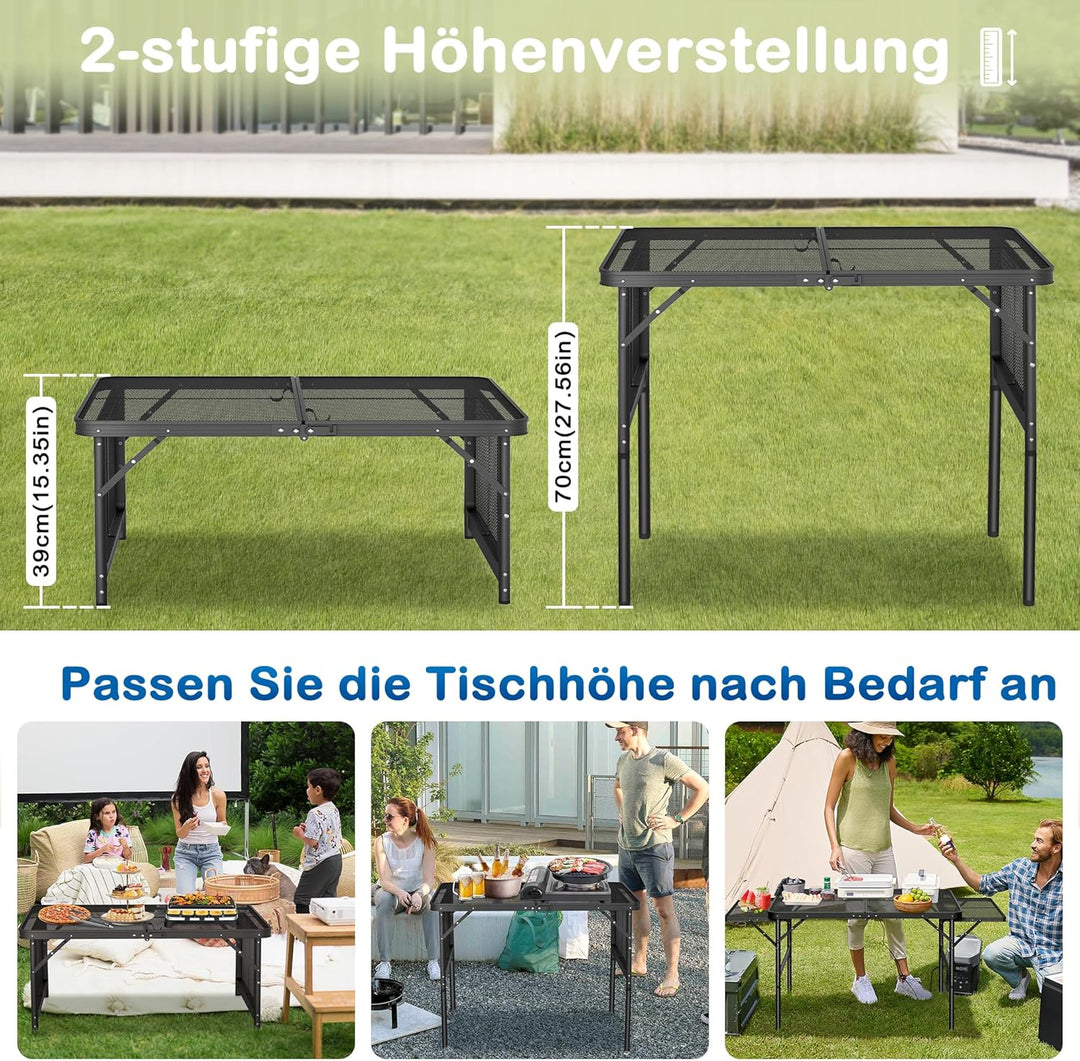 Tragbarer Campingtisch 90x60cm, Höhenverstellbar & Klappbar Gartentisch mit Metallgitterplatte, Erwe