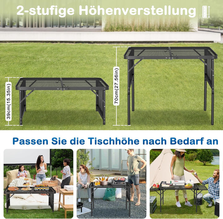 Tragbarer Campingtisch 90x60cm, Höhenverstellbar & Klappbar Gartentisch mit Metallgitterplatte, Erwe