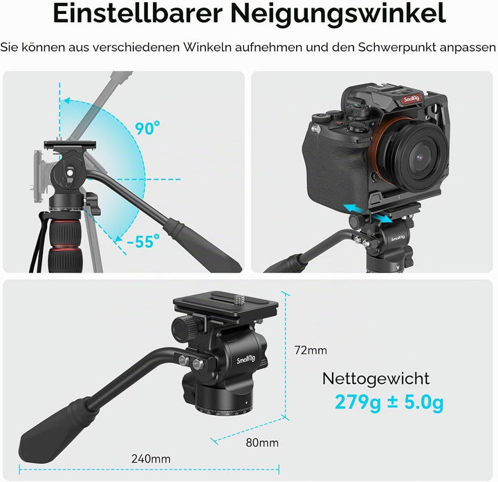 SMALLRIG Stativ Fluidkopf Pan Tilt Head CH10 mit Schnellwechselplatte, Fluid Head geeignet für AR-ca