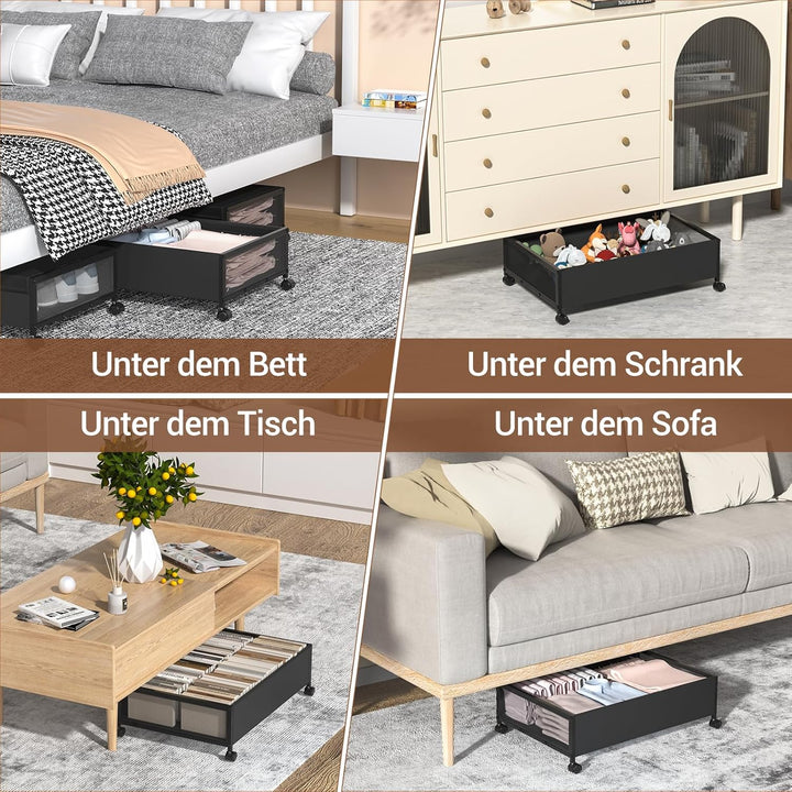 Unterbett Aufbewahrungsbox, 2 Stück Unterbettkommode mit Rollen und Deckel, Metallrahmen Bettkasten