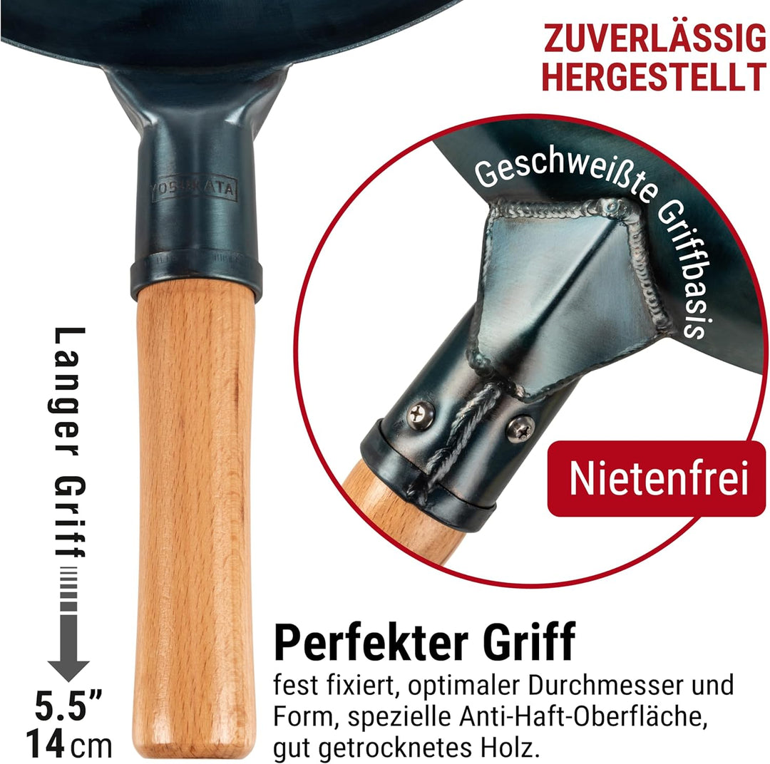 YOSUKATA Karbonstahl Woks &amp; Wokpfannen (34 cm) - Voreingebrannter Wok Pfanne Karbonstahl Flacher Bod