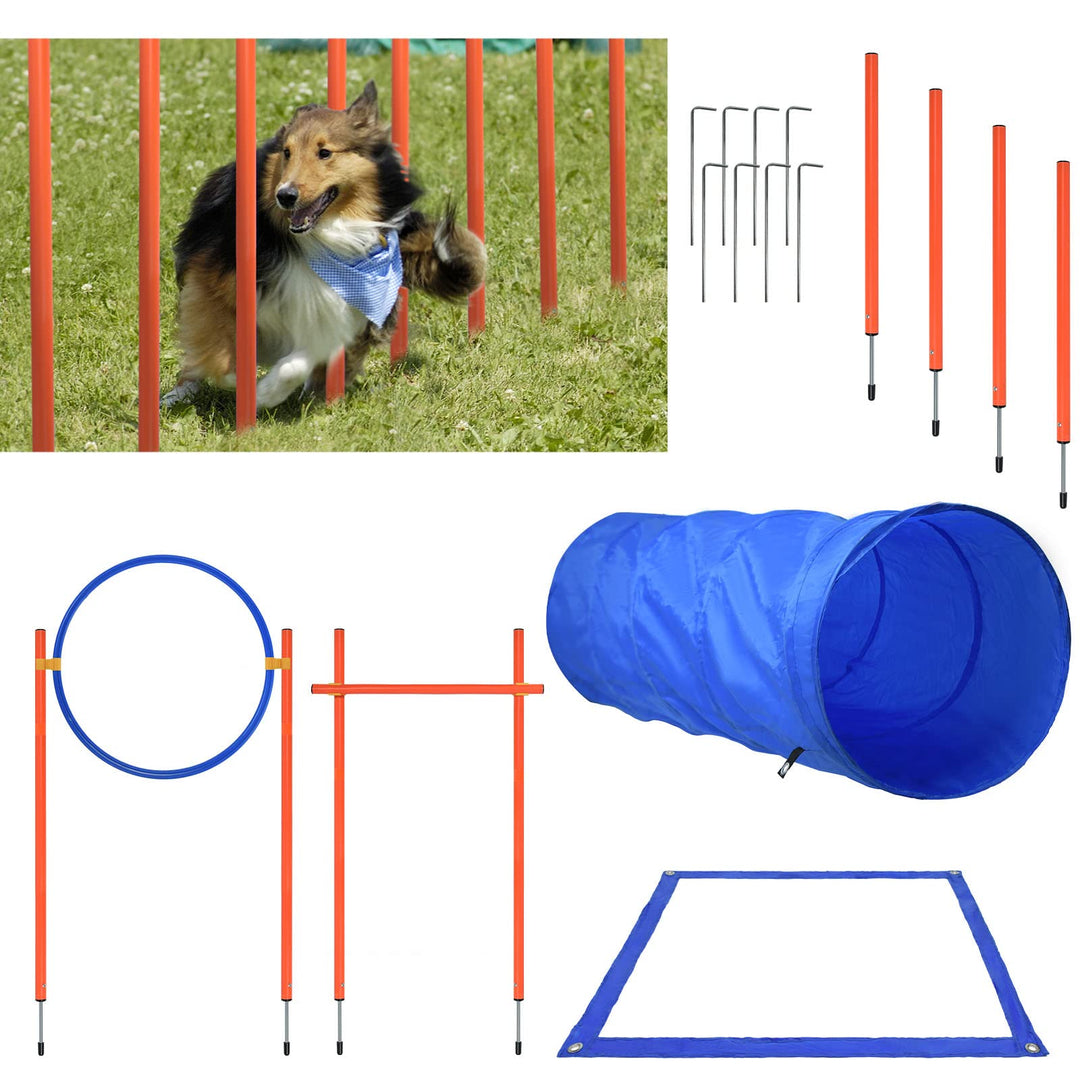 AufuN Agility Ausrüstungs Set für Hunde, Training Hindernisse mit Hundetunnel,Geflochtene Stangen, S