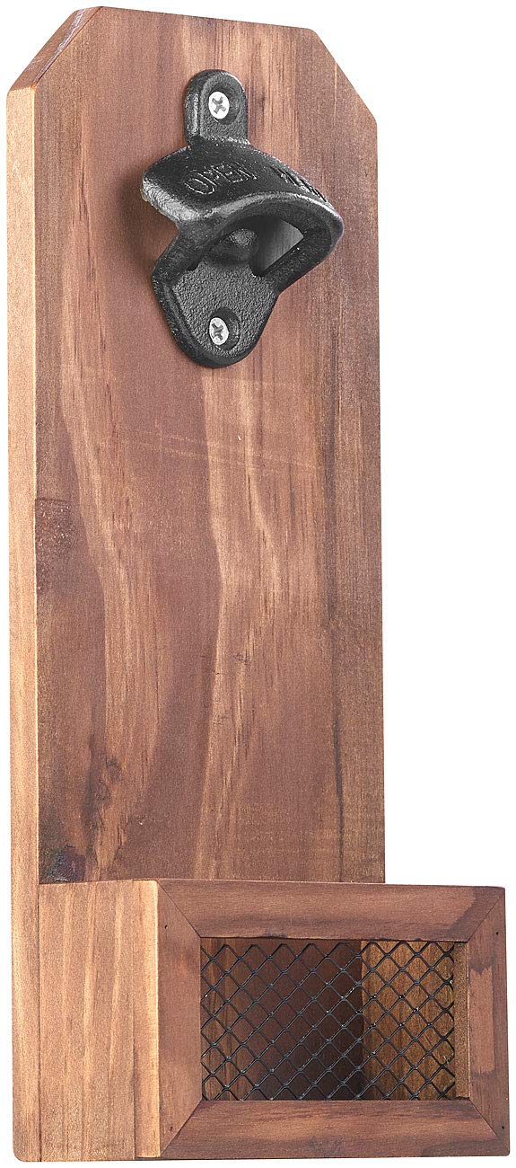 Wandflaschenöffner: Flaschenöffner mit Kronkorken-Auffangbehälter, Holz, zur Wandmontage (Flaschenöf