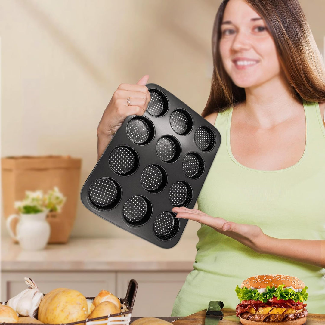 Mini Burger Brotblech, 12 Formen, Kohlenstoffstahl, mit Antihaftbeschichtung, Hamburgerbrötchenform