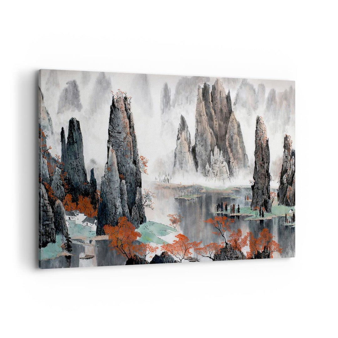 Bilder auf Leinwand 100x70cm Leinwandbild mit Rahmen Berge Märchen Nebel Gross Wanddeko Bild Schlafz