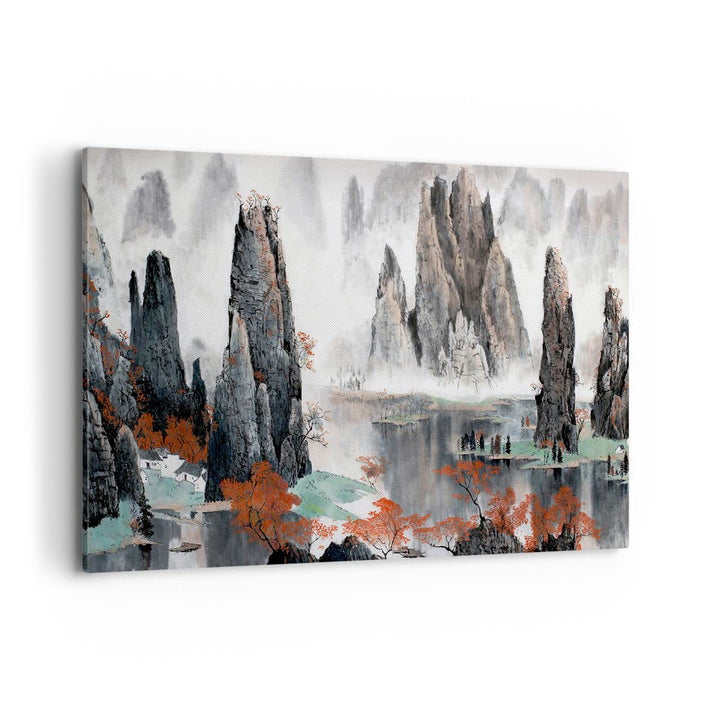 Bilder auf Leinwand 100x70cm Leinwandbild mit Rahmen Berge Märchen Nebel Gross Wanddeko Bild Schlafz