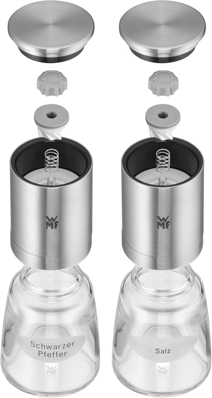 WMF De Luxe Salz und Pfeffermühle Set 2-teilig, befüllt, Cromargan Edelstahl, Glas, Keramikmahlwerk,