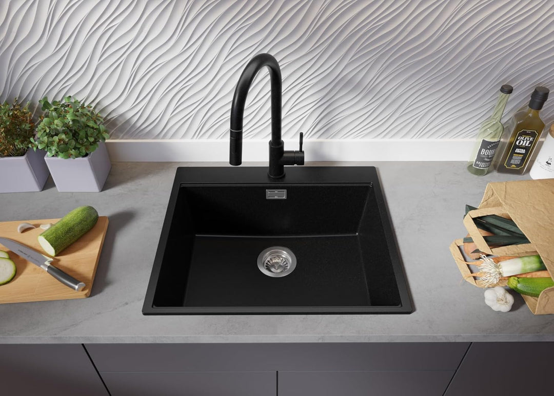PRIMAGRAN Spülbecken Schwarz 58x50cm, Granitspüle 1 Becken + Ablauf-Set, Küchenspüle ab 60er Untersc