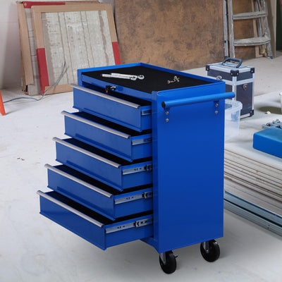 HOMCOM Fahrbarer Werkstattwagen Werkzeugwagen Rollwagen Werkzeugkasten mit 5 Schubladen blau