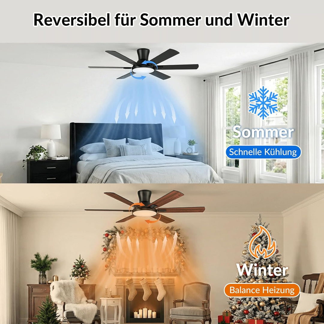 Newday Deckenventilatoren Flach Holz mit 6 Flügel, 132cm Gross Deckenventilator mit Beleuchtung und