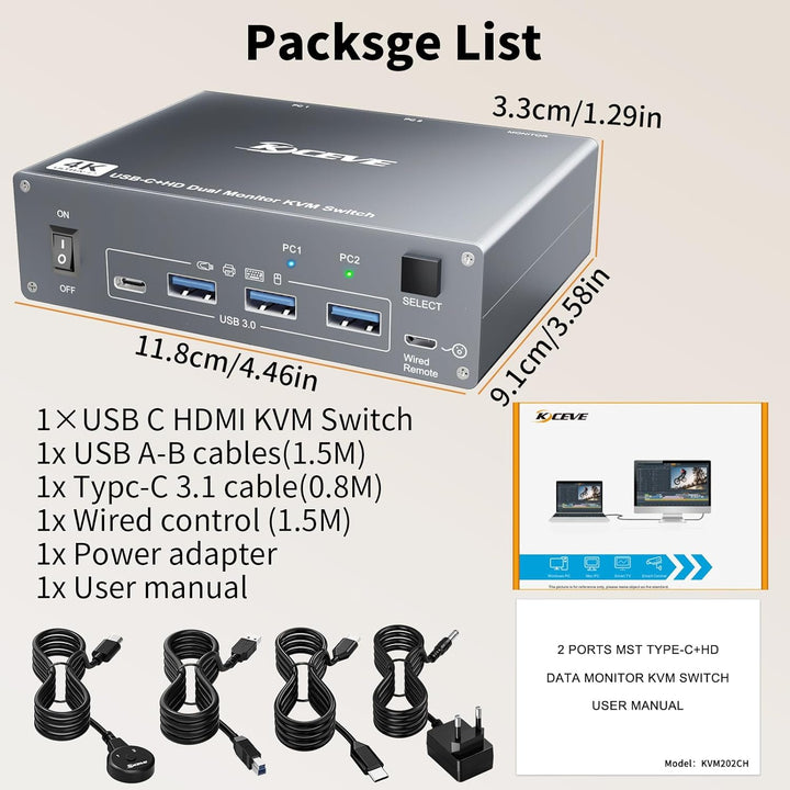 4K@60Hz USBC HDMI KVM Switch 2 PC 2 Monitore für 1 Laptop und 1 Desktop, Dual Monitor KVM Switch mit