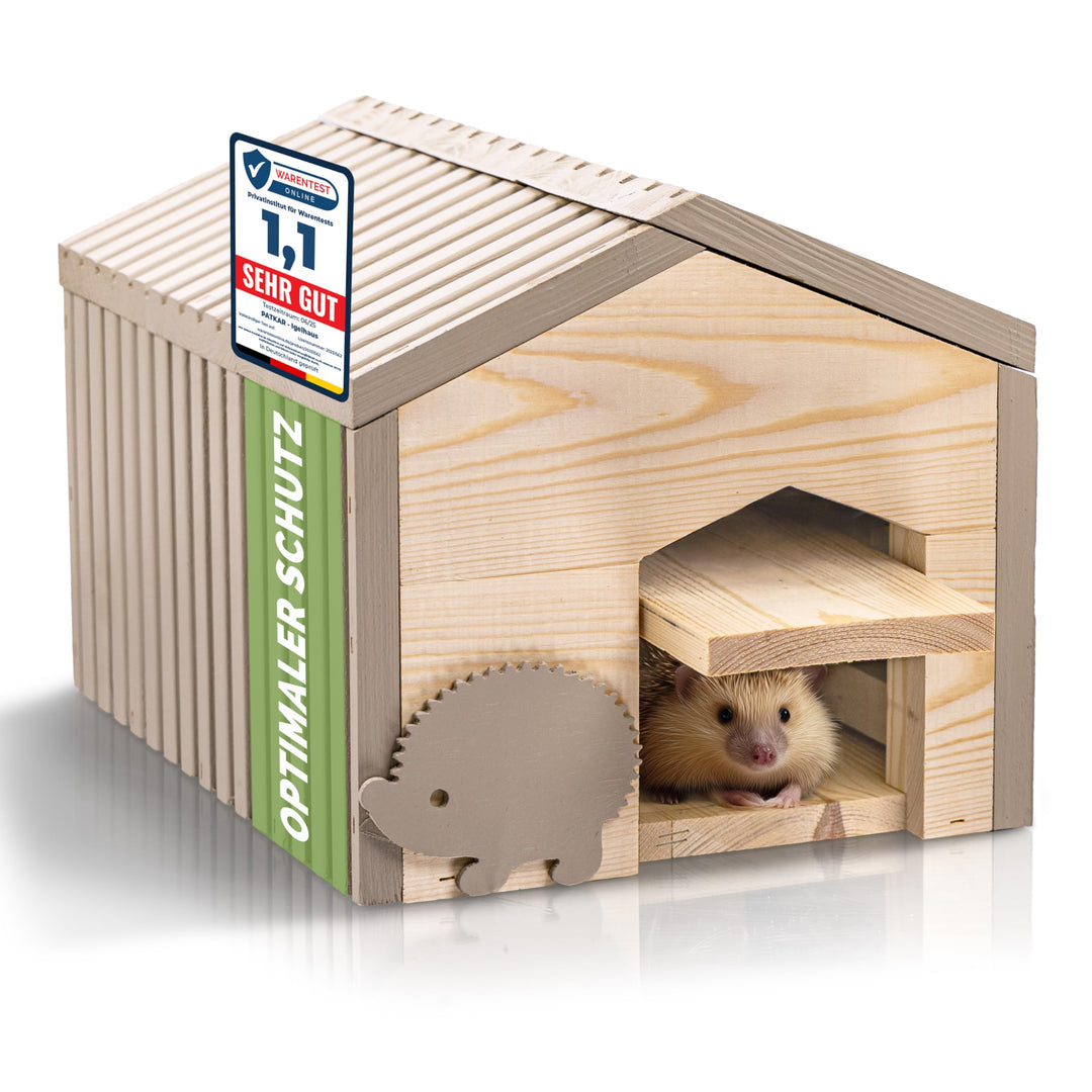 PATKAR Igelhaus Winterfest mit Boden [SCHÜTZT VOR FRESSFEINDEN] - Premium Igelfutterhaus (Made in Eu