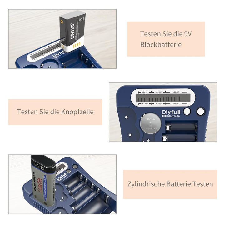 Dlyfull LCD Universal Batterietester für AA AAA C D 9V Digitaler Testgerät für CR123A CR2 CRV3 2CR5