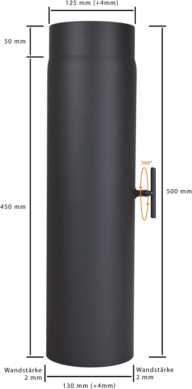 Rauchrohr 500 mm mit Drosselklappe - im Durchmesser Ø 130 mm - Farbe: gussgrau - Ofenrohr Verlängeru