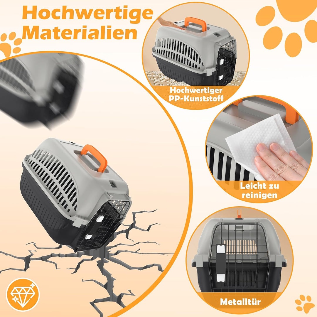 48 x 32 x 32 cm Katzentransportbox, Schwarz + Grau Pet Transportbox für Kleine Haustiere, Katzen und