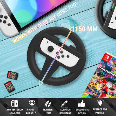 Orzly 2 x Lenkräder für Nintendo Switch – 2 x schwarzes Lenkrad für Joy-Cons der Nintendo Switch Kon