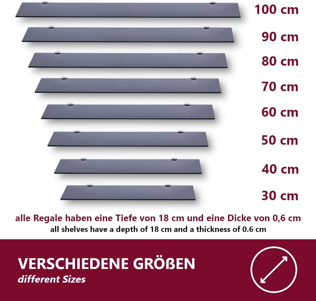 Euro Tische Glas Wandregal 30x18cm Badregal - Glas Regal für Badezimmer in verschiedenen Grössen - D