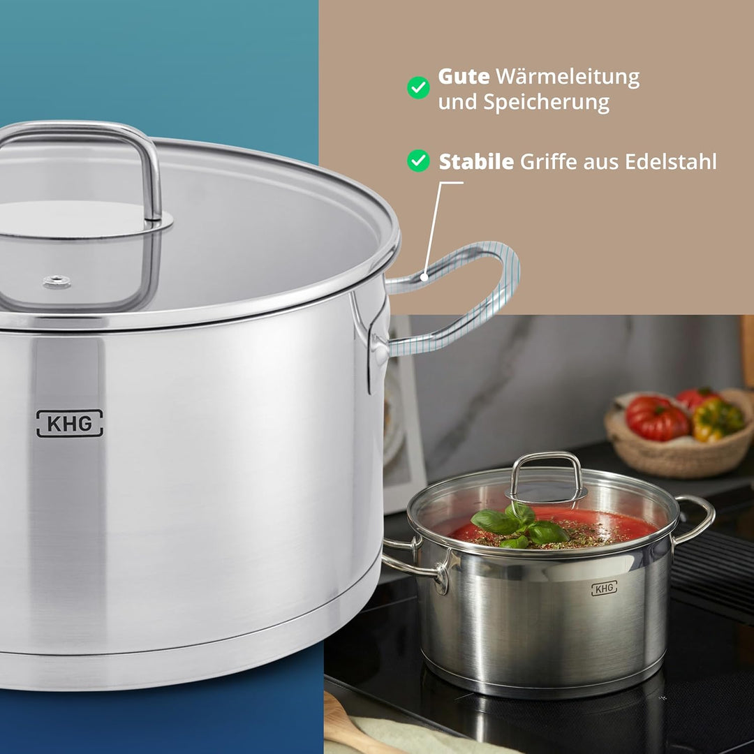 KHG Topf Kochtopf Fleischtopf 24 cm Induktion, Edelstahl unbeschichtet inkl. Glasdeckel | 11,5 cm ho