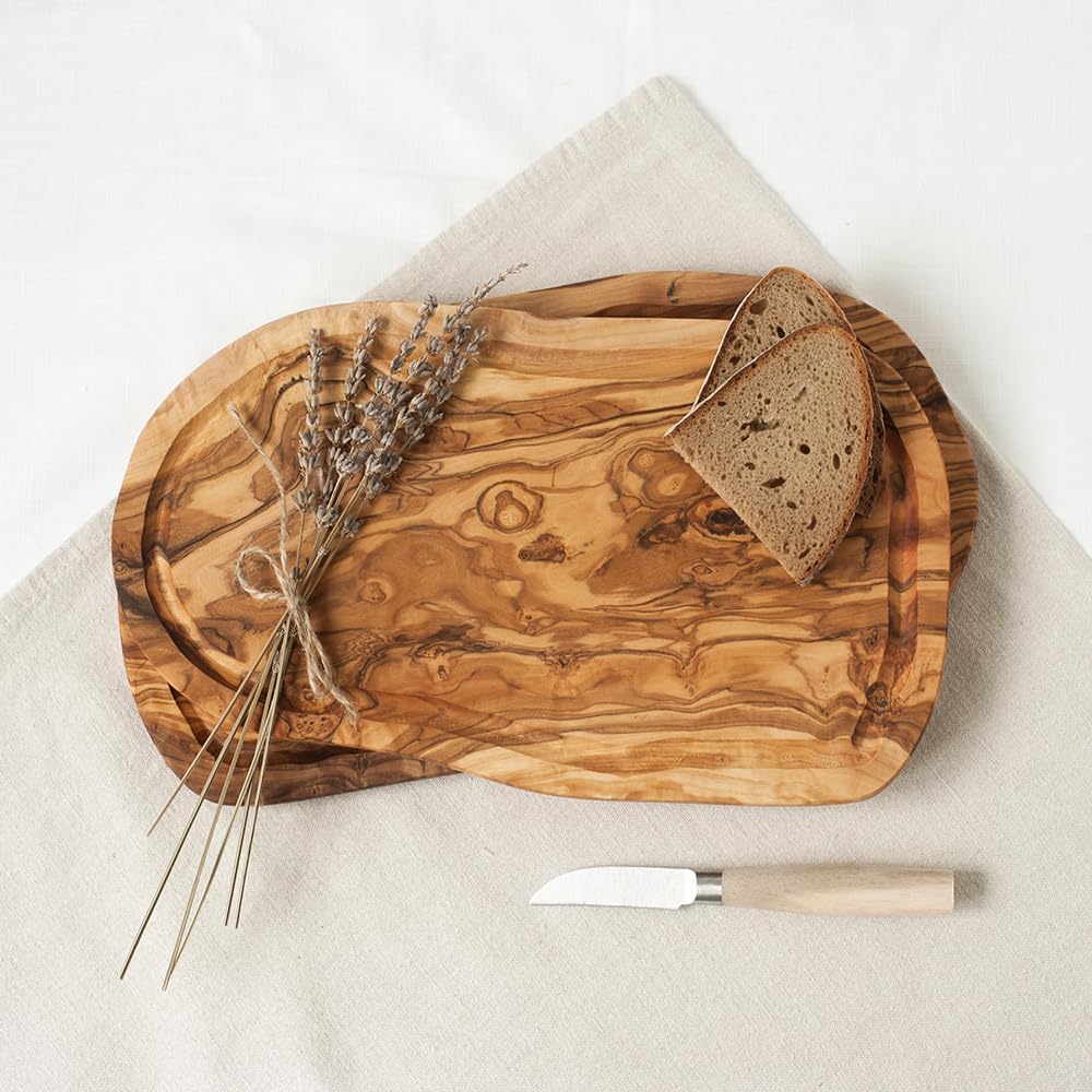 2x HOFMEISTER® Schneidebrett Saftrille Olivenholz - praktisches Set aus zwei Brettern aus Olive mit